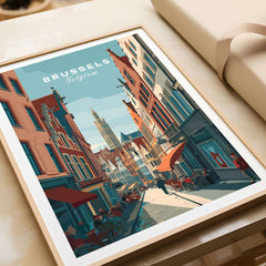 Brussels Belgium Art Print - Grand Place Poster showcasing vibrant architecture in a historic street scene.