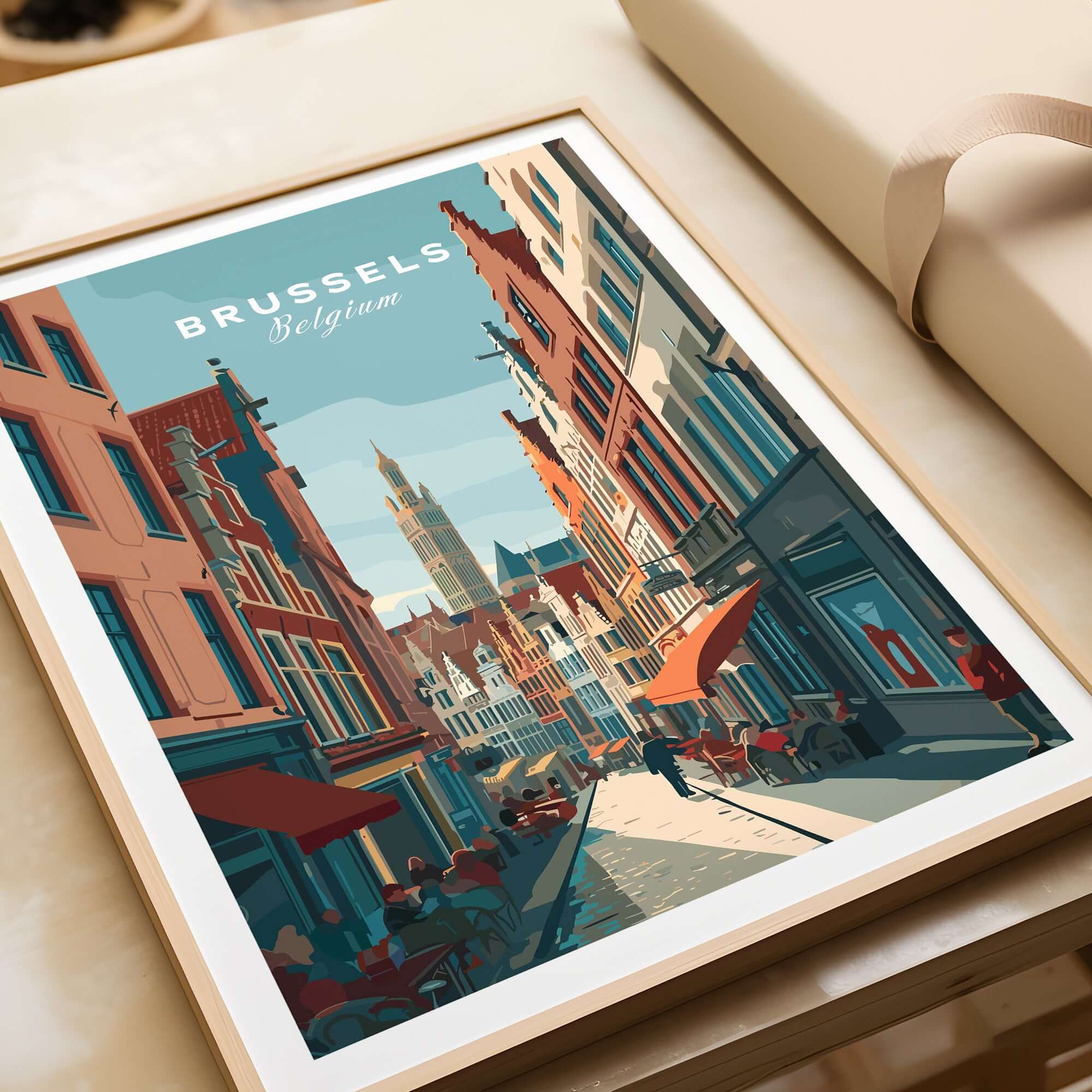 Brussels Belgium Art Print - Grand Place Poster showcasing vibrant architecture in a historic street scene.