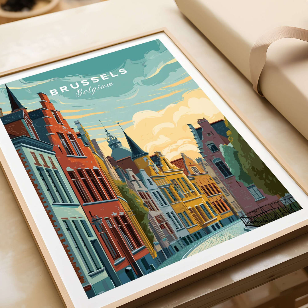 Brussels Belgium historic houses poster featuring colorful architecture under a vibrant sunset.