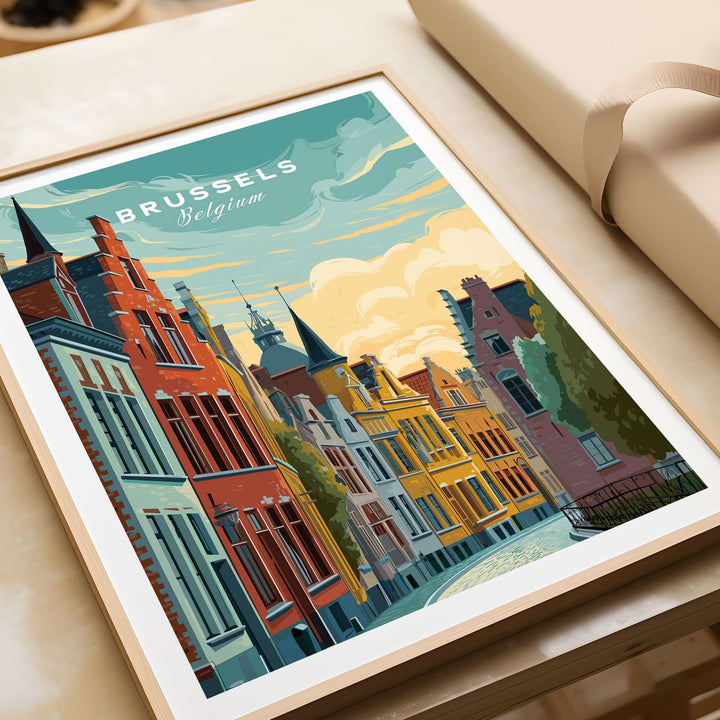 Brussels Belgium historic houses poster featuring colorful architecture under a vibrant sunset.