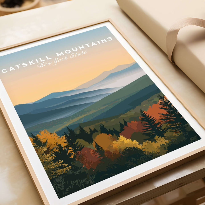 Framed Catskill Mountains autumn foliage print showcasing vibrant fall colors in New York State.