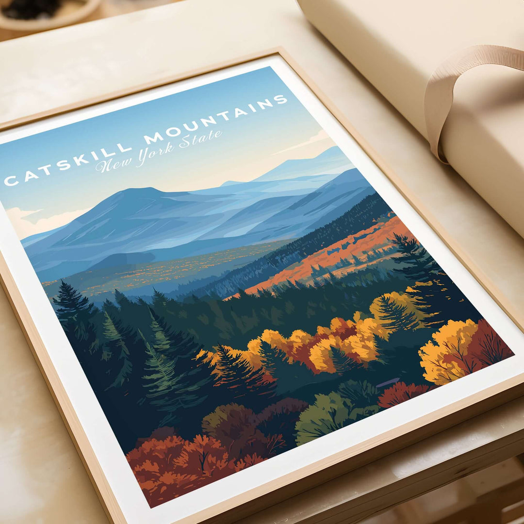 Layered hills print of Catskill Mountains, New York, showcasing vibrant autumn foliage and serene mountain landscape.
