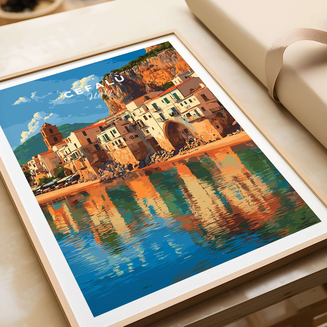 Cefalù Italy travel print featuring vibrant coastal village and reflections in water, perfect for Mediterranean decor.