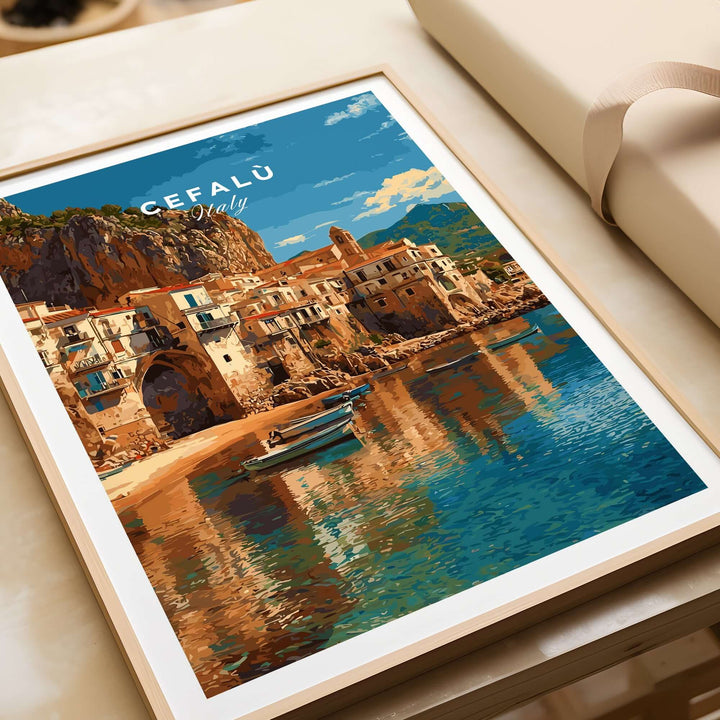 Cefalù Italy poster featuring seaside village and colorful coastline art print decor.