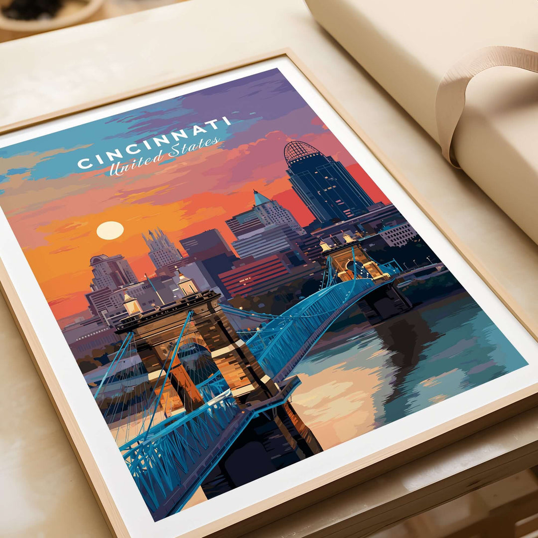 Cincinnati Ohio sunset skyline poster featuring the Roebling Bridge and vibrant cityscape art.