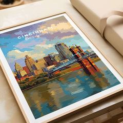 Cincinnati Ohio Skyline Print - Roebling Bridge Wall Art showcasing vibrant cityscape and iconic bridge.