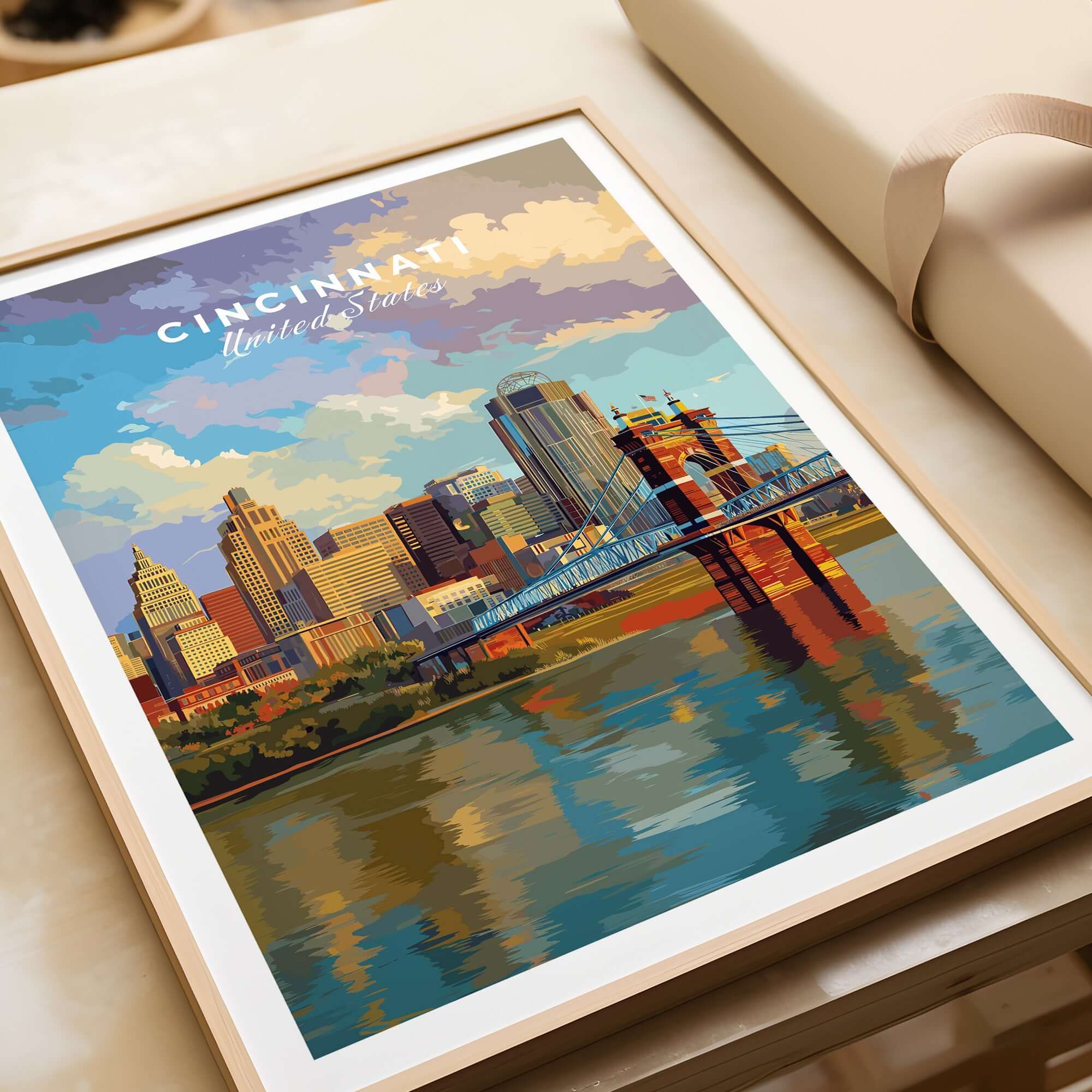 Cincinnati Ohio Skyline Print - Roebling Bridge Wall Art showcasing vibrant cityscape and iconic bridge.