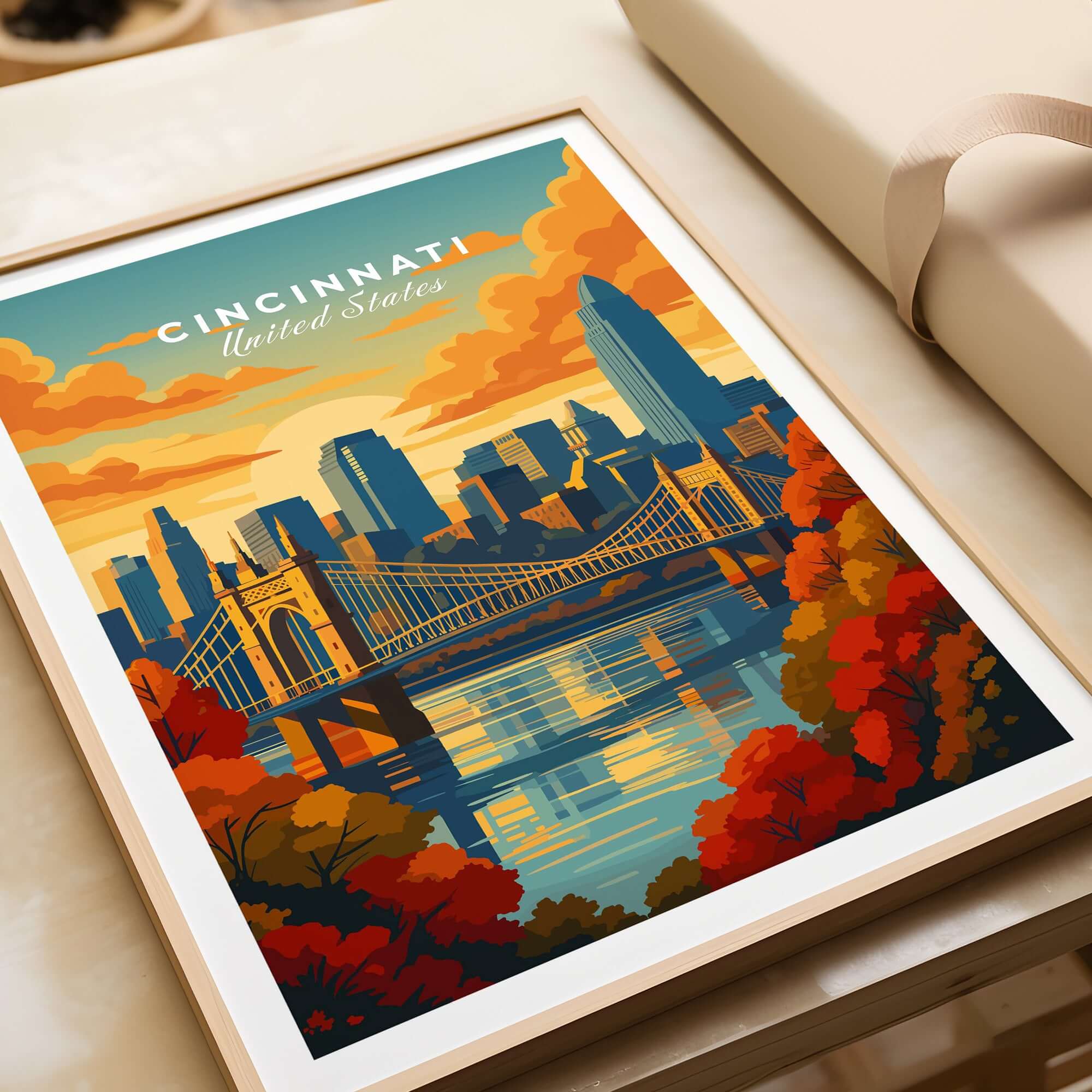 Cincinnati Sunset River Reflection Poster - Roebling Bridge Wall Art showcasing sunset over city skyline.