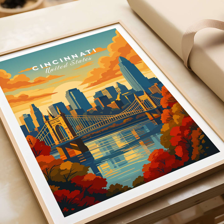 Cincinnati sunset river reflection poster featuring Roebling Bridge and skyline, perfect for wall art decor.