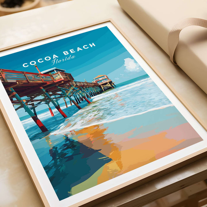 Cocoa Beach Florida Pier print showcasing colorful shoreline art for vibrant coastal wall decor.