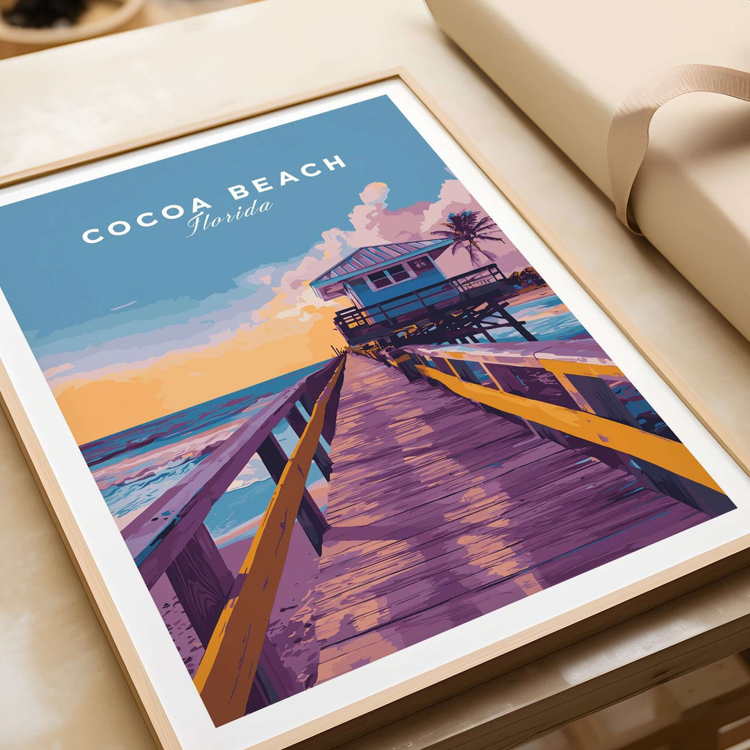 Cocoa Beach Boardwalk print featuring a vibrant sunset over the ocean, perfect for coastal-themed decor.
