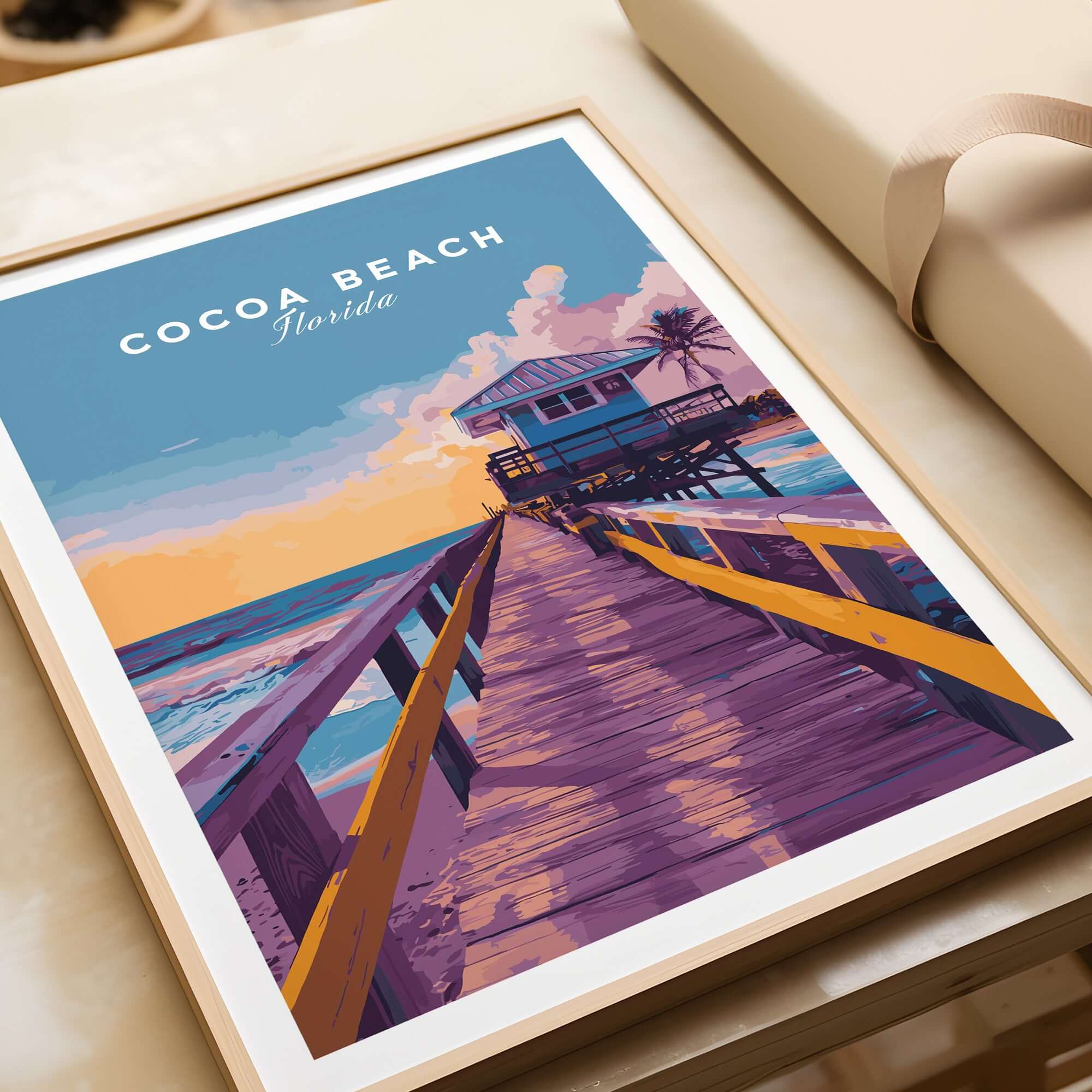 Cocoa Beach Boardwalk Print - Florida Sunset Wall Art featuring a vibrant oceanfront sunset and beachside pier.