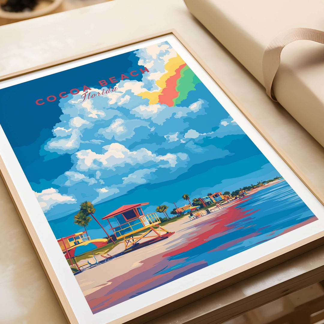 Cocoa Beach Lifeguard Stand print showcasing vibrant Florida beach scene and colorful skies, perfect for coastal wall art.