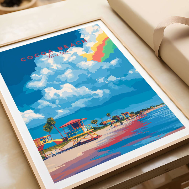 Cocoa Beach Lifeguard Stand print showcasing vibrant Florida beach scene and colorful skies, perfect for coastal wall art.