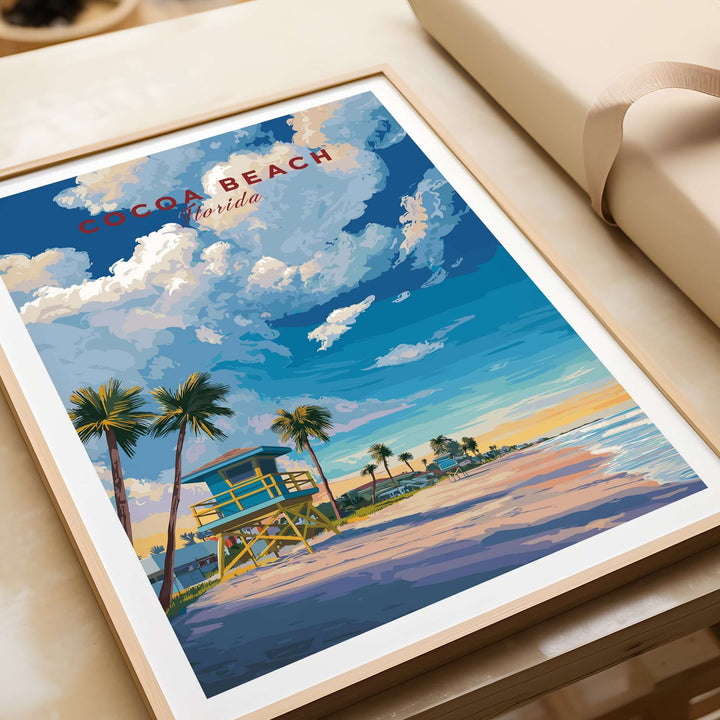 Cocoa Beach Lifeguard Tower poster featuring vibrant colors, palm trees, and a sunny beach scene for tropical wall art.