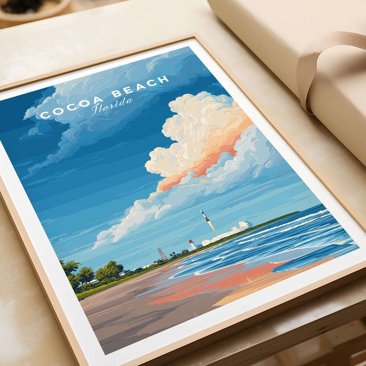 Cocoa Beach Florida rocket launch print featuring beach and vibrant clouds, perfect for space enthusiasts and wall art lovers.