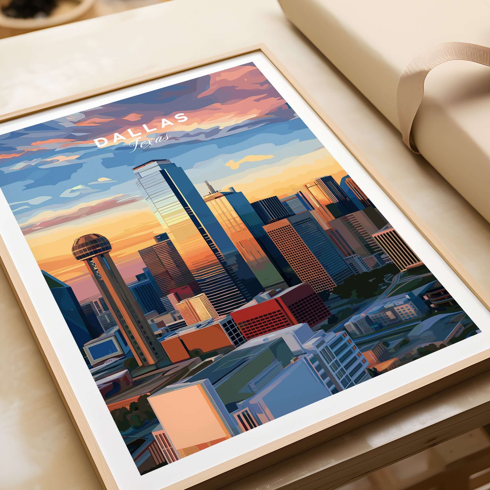 Dallas Texas Reunion Tower Skyline Poster - Downtown Cityscape Print featuring a vibrant urban scene at sunset.