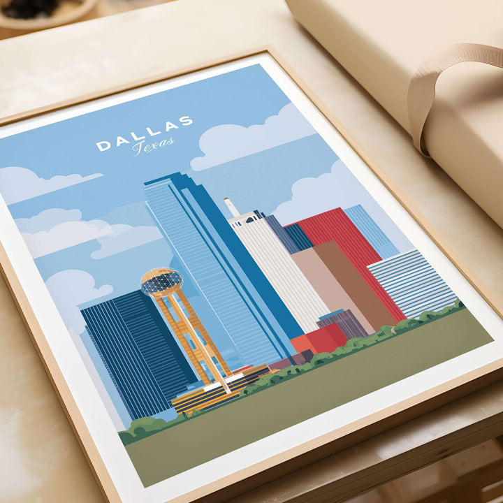 Framed print of Dallas Texas skyline featuring Reunion Tower, showcasing urban elegance and vibrant cityscape art.