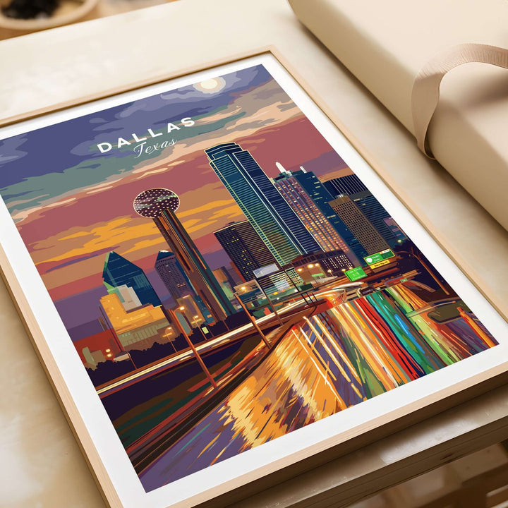 Dallas Texas illuminated skyline poster showcasing vibrant city nightlife with highways and buildings.