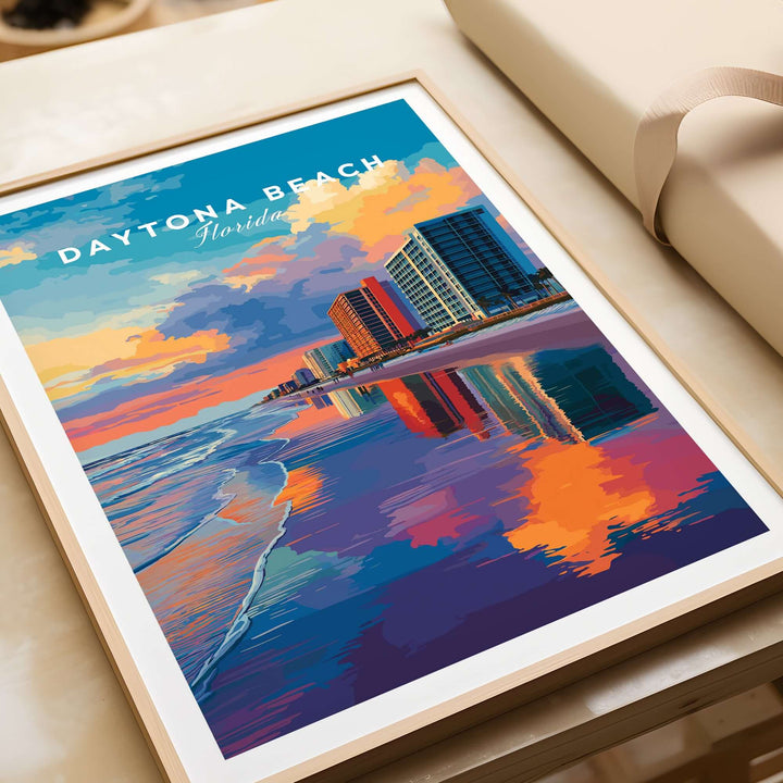 Daytona Beach sunset skyline print showcasing vibrant cityscape reflections on water, perfect Florida wall art.