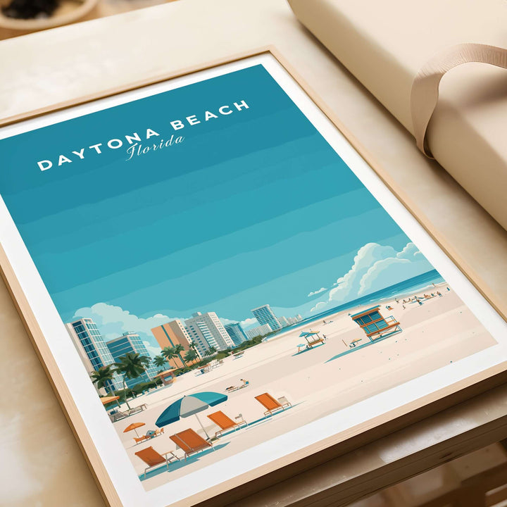 Daytona Beach Florida lifeguard station print showcasing a sunny beach with buildings and chairs.