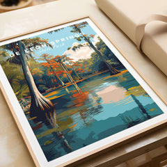 De Leon Springs Poster - Serene Florida State Park Wall Art featuring vibrant greenery and serene reflections on water.