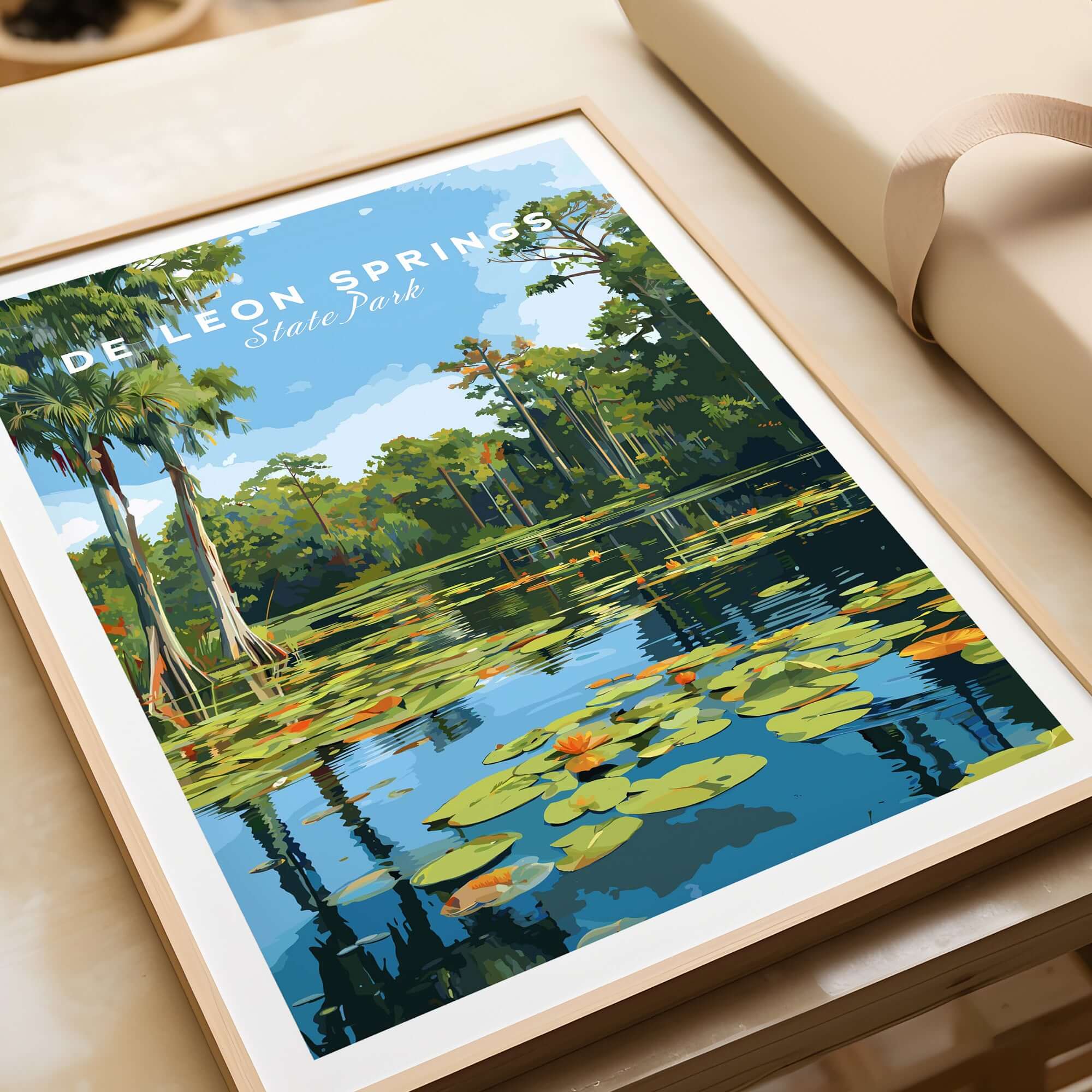 De Leon Springs Lily Pads on Water Print - Florida Natural Spring Wall Art displayed in a wooden frame.