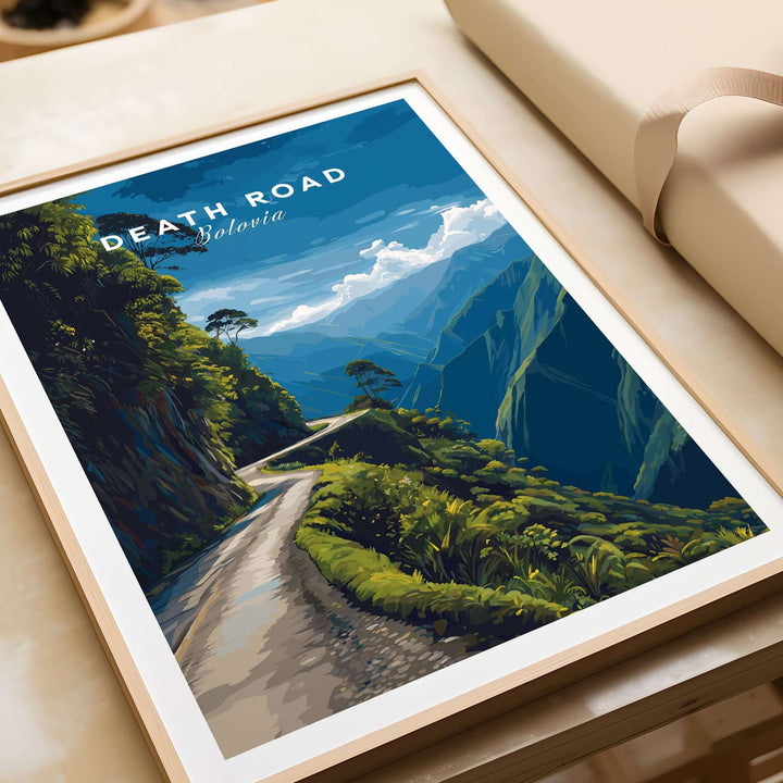 Death Road Print | South America Adventure Decor | Yungas Road Poster illustrating a scenic view of Bolivia's Death Road.