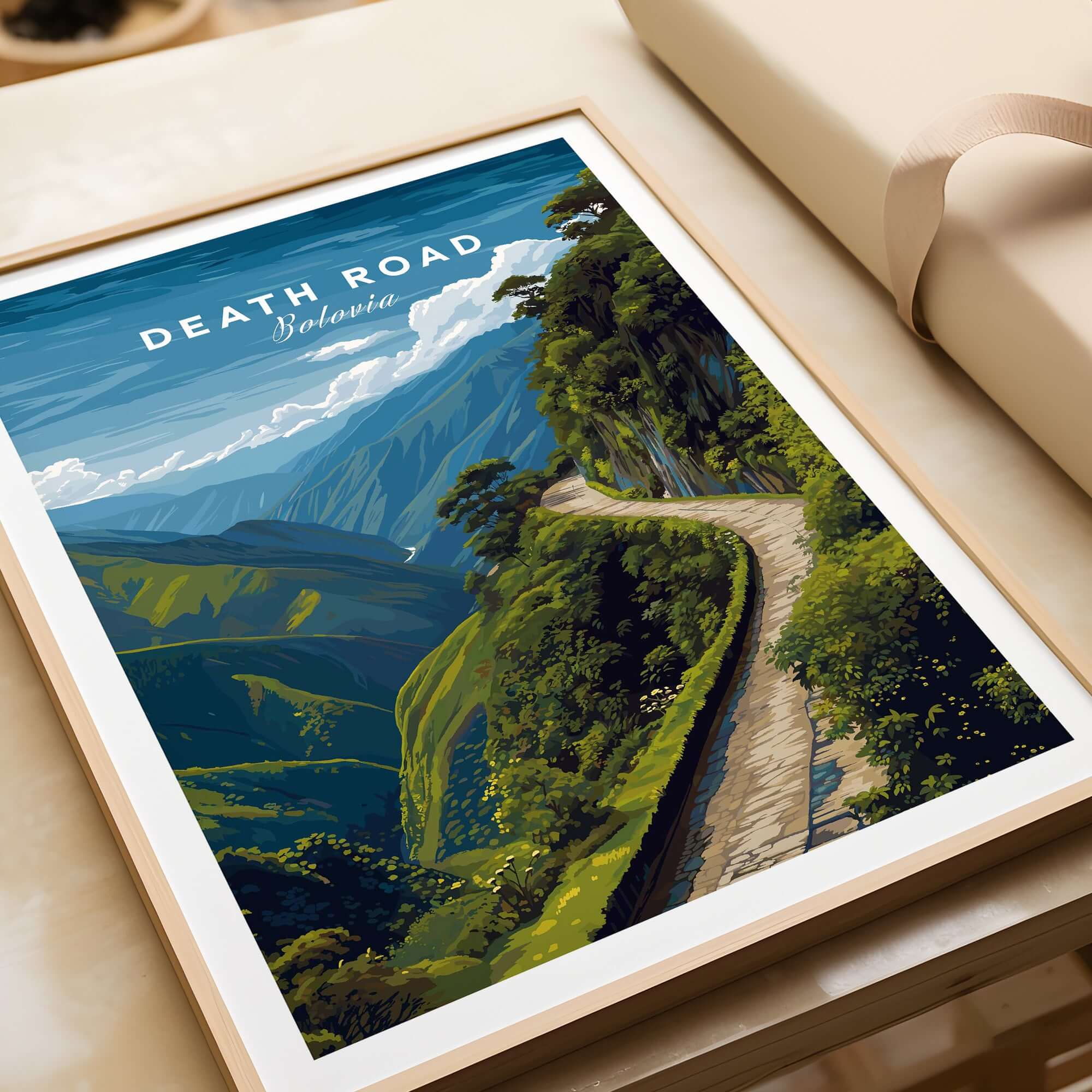 Death Road Andes Print | Yungas Road Poster featuring a scenic view of winding road through the Andes mountains in Bolivia.