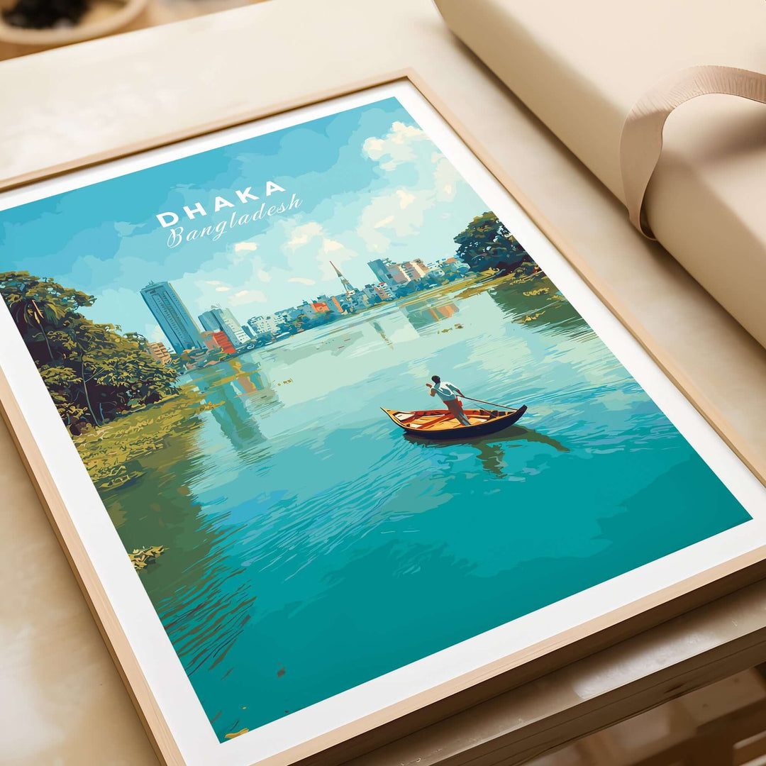 Dhaka poster featuring a vibrant river city view with a boat on the water, showcasing Bangladesh's urban waterfront.