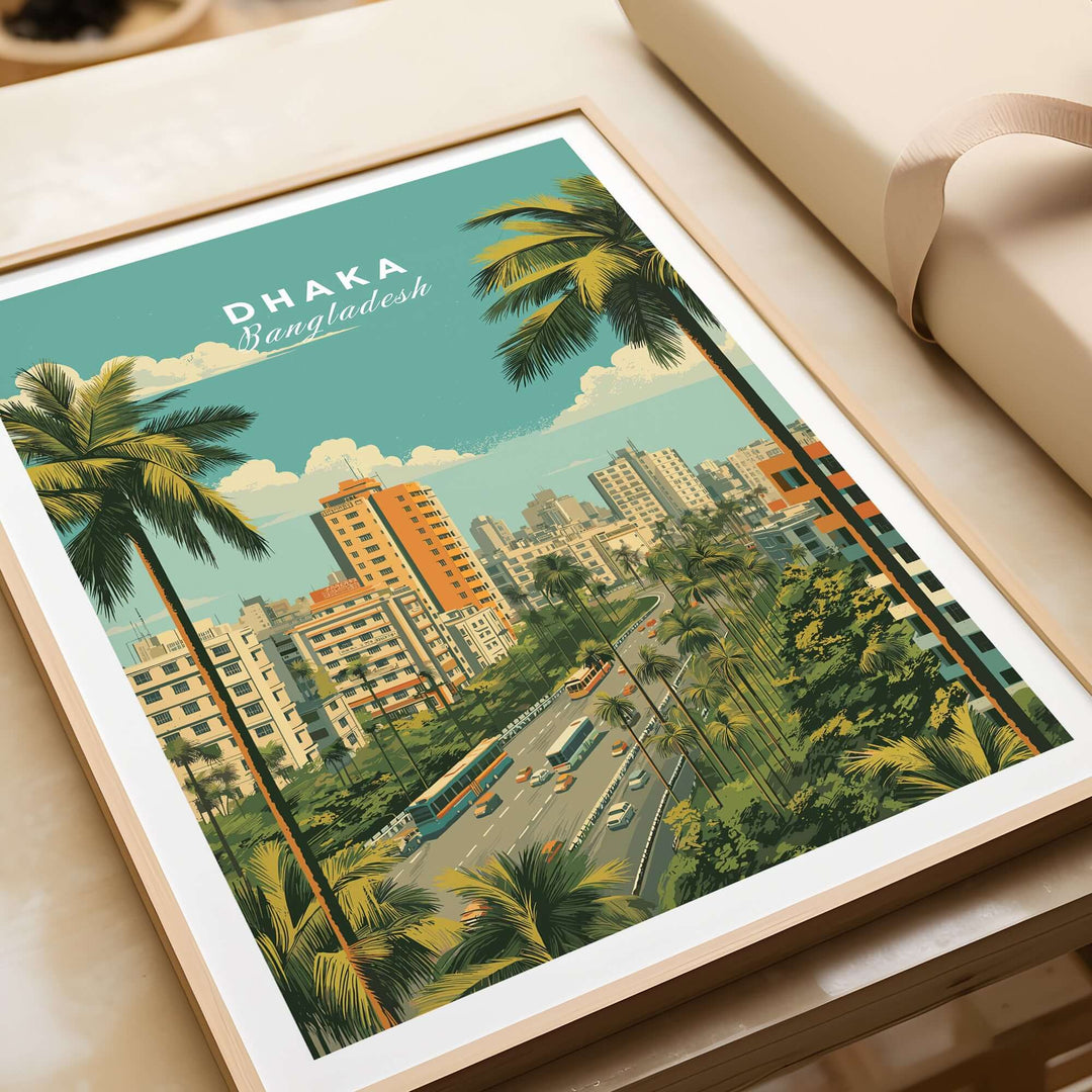 Dhaka Bangladesh poster featuring a vibrant city landscape with palm trees and urban architecture.
