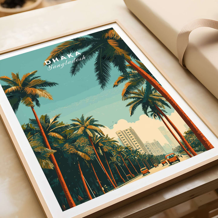 Dhaka Bangladesh print featuring palm trees and city skyline, vibrant city life wall art for home decor.