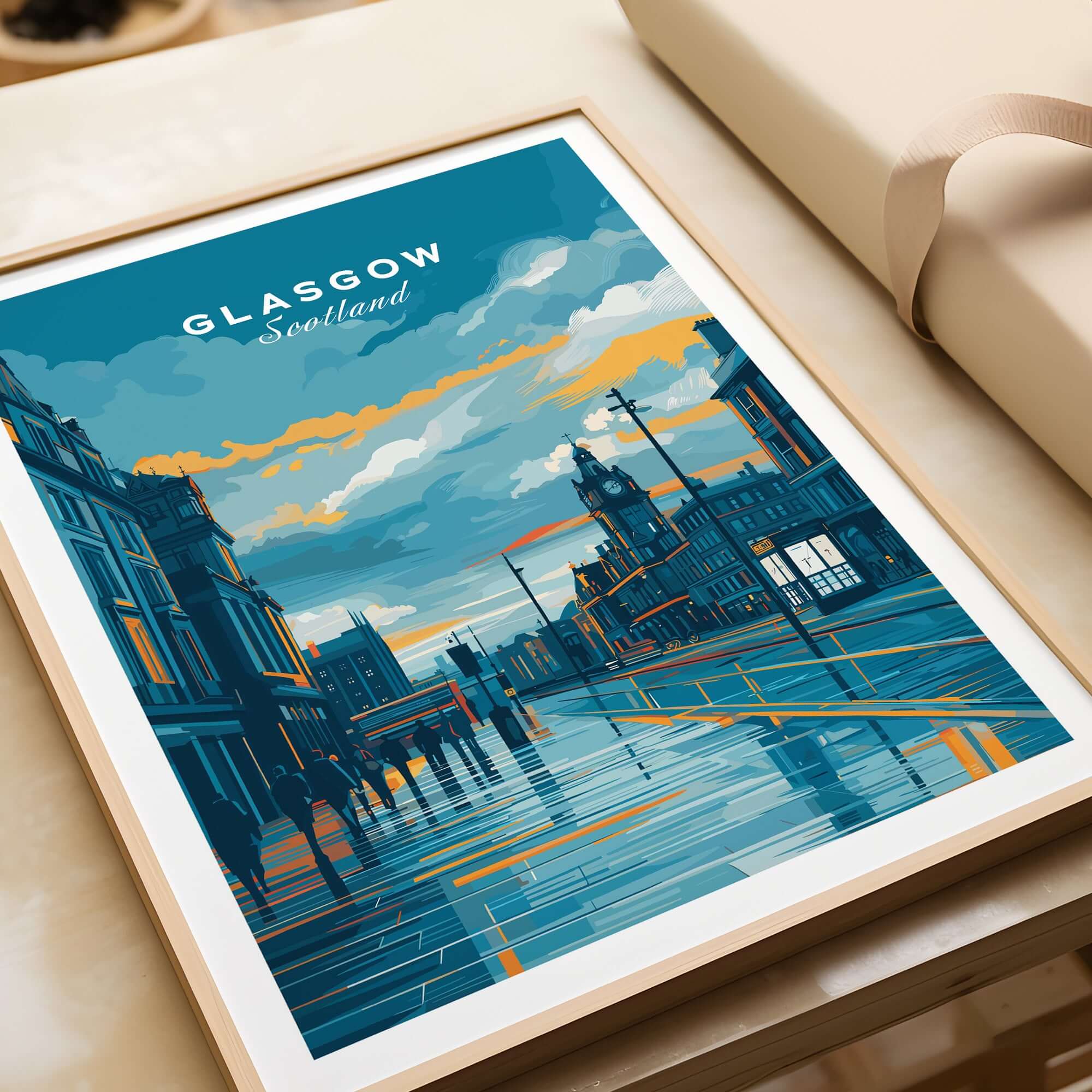 Glasgow City Street at Dusk Print - Scotland Wall Art showcasing vibrant urban scenery.