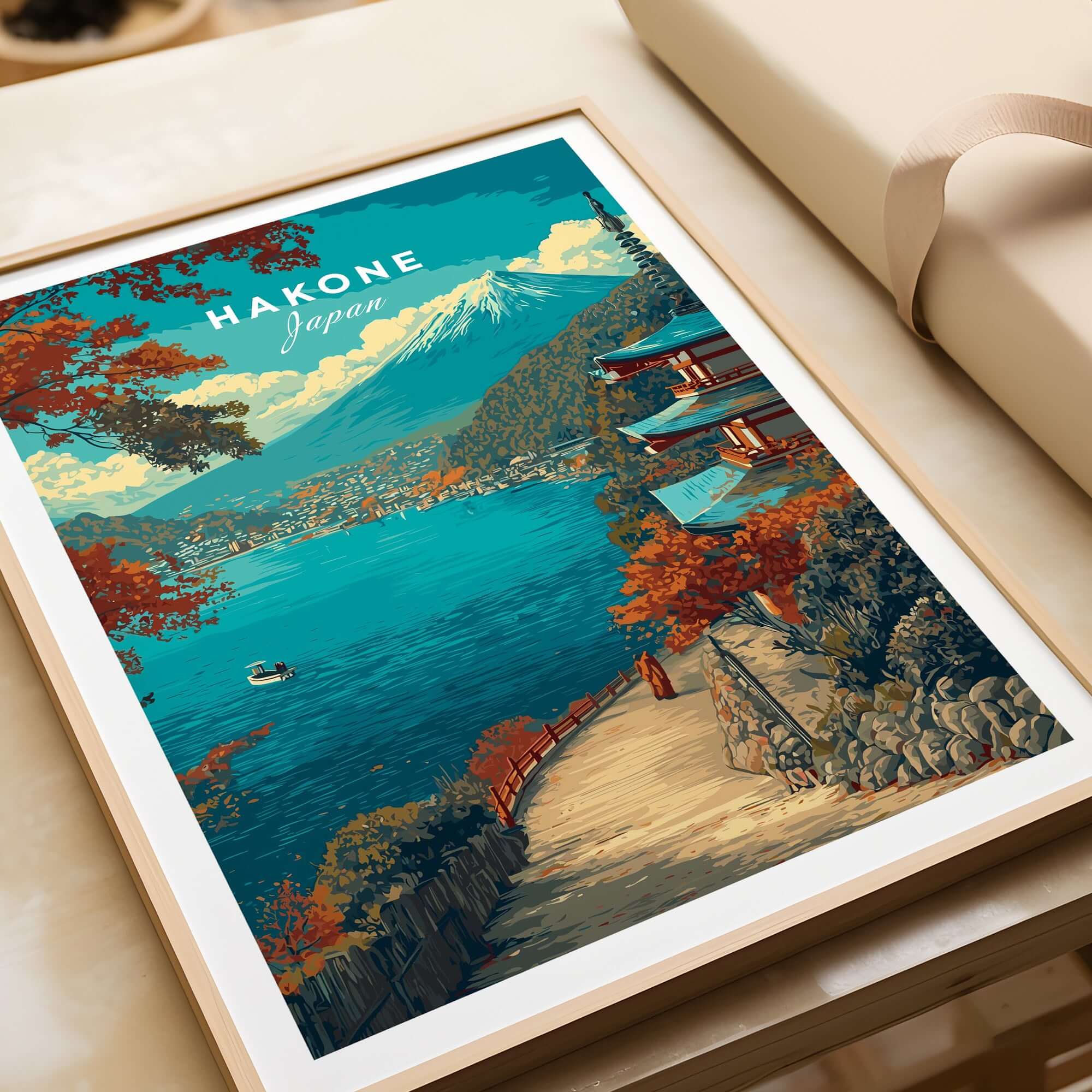 Hakone Print Japan Lake View Pagoda - Mount Fuji Scenic Poster featuring a serene lake and pagoda with Mount Fuji in the background.
