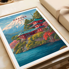Hakone Japan Print Historic Shrine Lake Ashi Art - Mount Fuji Pagoda Poster displayed in a frame with vibrant colors.