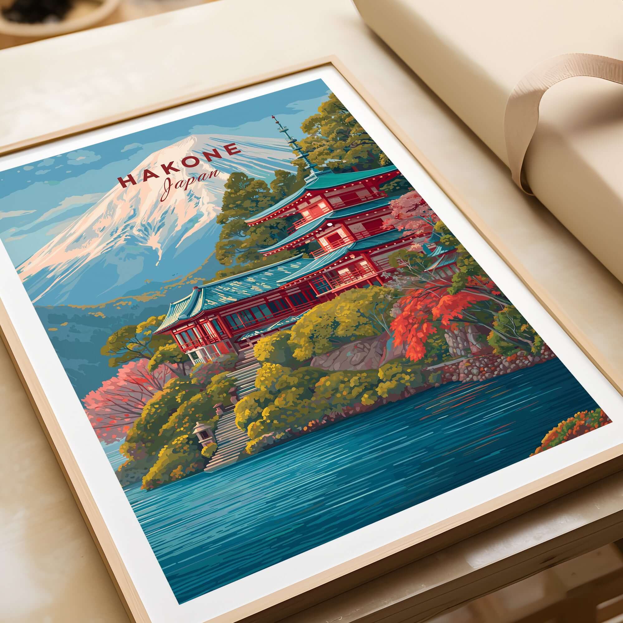 Hakone Japan Print Historic Shrine Lake Ashi Art - Mount Fuji Pagoda Poster displayed in a frame with vibrant colors.