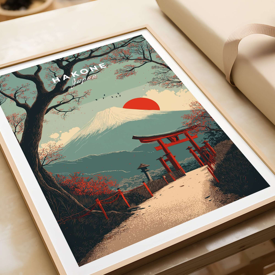 Hakone Japan Torii gate poster with Mount Fuji, showcasing Japanese culture and stunning landscape artwork.