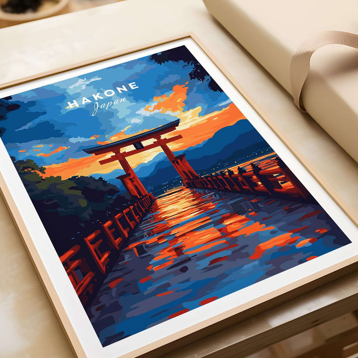Colorful Hakone wall art featuring a Torii gate at sunset reflected on Lake Ashi, perfect for home decor.