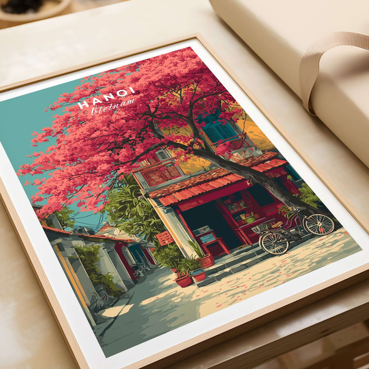 Hanoi Vietnam print featuring cherry blossom street and vibrant colors, perfect wall art for city decor.