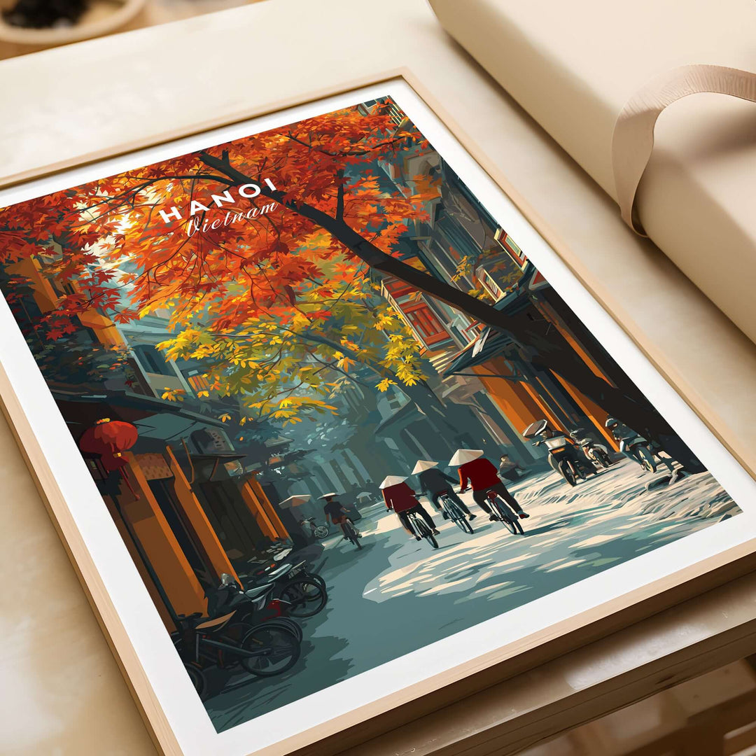 Colorful Hanoi street poster showcasing autumn foliage and vibrant city life in Vietnam.