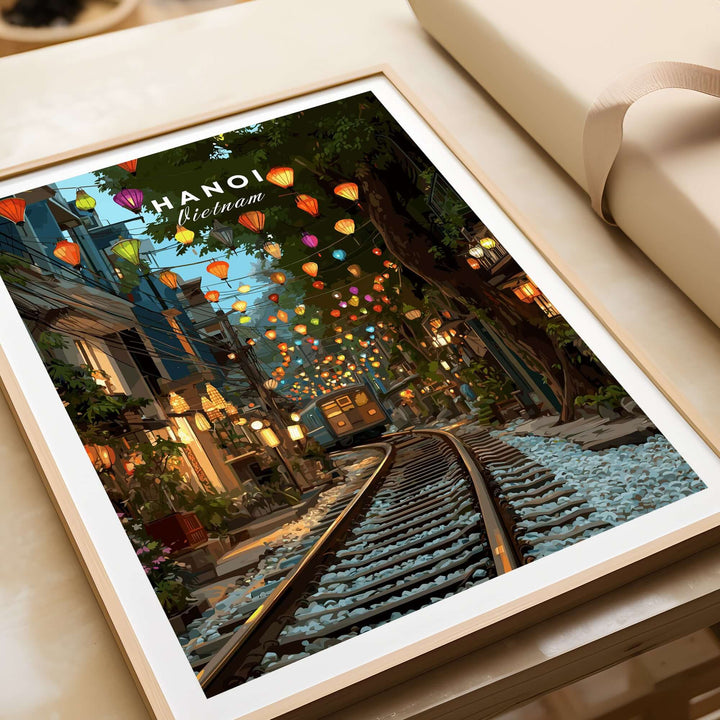 Hanoi Vietnam Train Street print featuring vibrant lanterns and urban life, ideal for decor lovers.