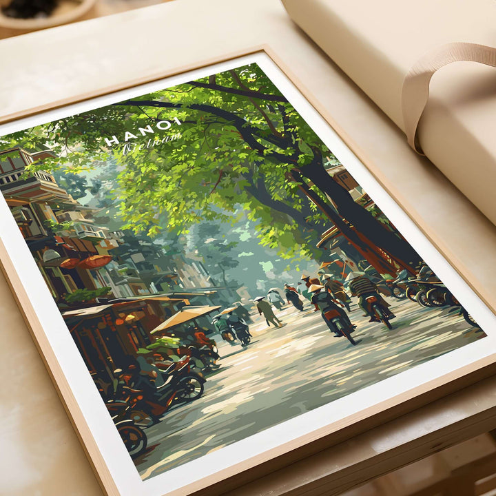 Hanoi Vietnam city street scene poster with vibrant greenery and bustling motorcycles.
