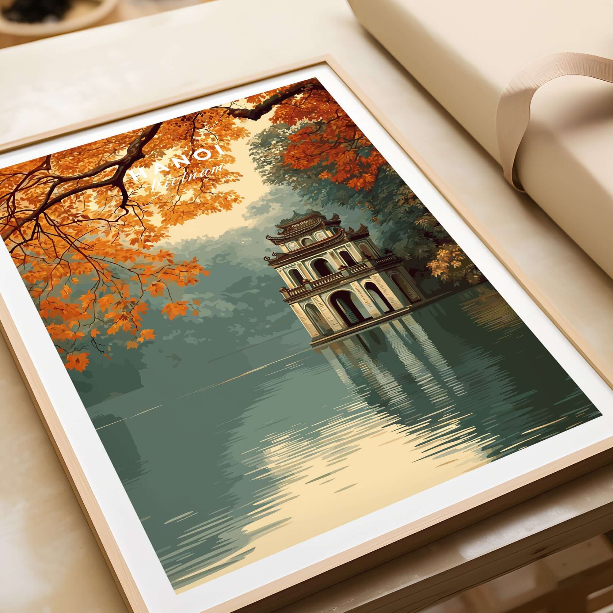 Hanoi Vietnam Poster - Hoan Kiem Lake Temple Print framed artwork featuring autumn leaves and serene water reflection.