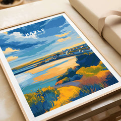 Hayle Cornwall Poster - UK Coastal Landscape Print showcasing vibrant coastal scenery and sweeping beach views.