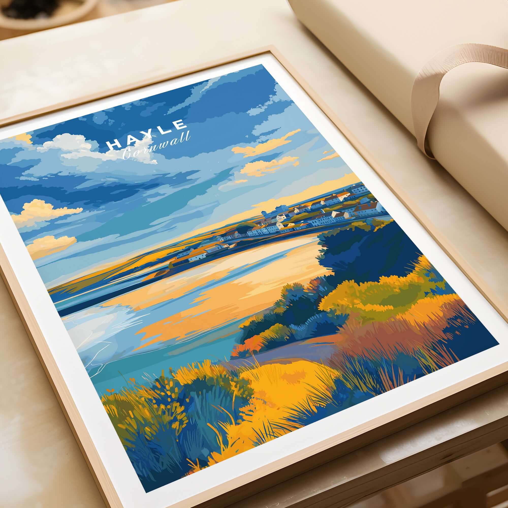 Hayle Cornwall Poster - UK Coastal Landscape Print showcasing vibrant coastal scenery and sweeping beach views.