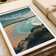 Hayle Cornwall Coastal Beach Print - Seaside Cliffs Wall Art featuring serene beach and cliffs in muted colors.