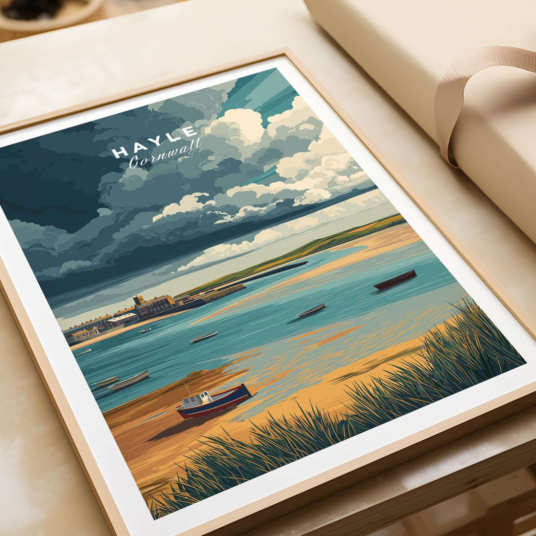 Hayle Boats in the Bay print showcasing boats in a tranquil Cornwall bay, perfect for coastal wall art.