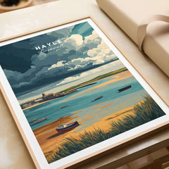 Hayle Boats in the Bay Print - Coastal Cornwall Wall Art showcasing boats and a serene bay view.