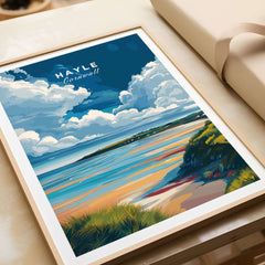 Hayle Ocean View Print - Cornwall Travel Poster showcasing vibrant coastal scenery and clouds.