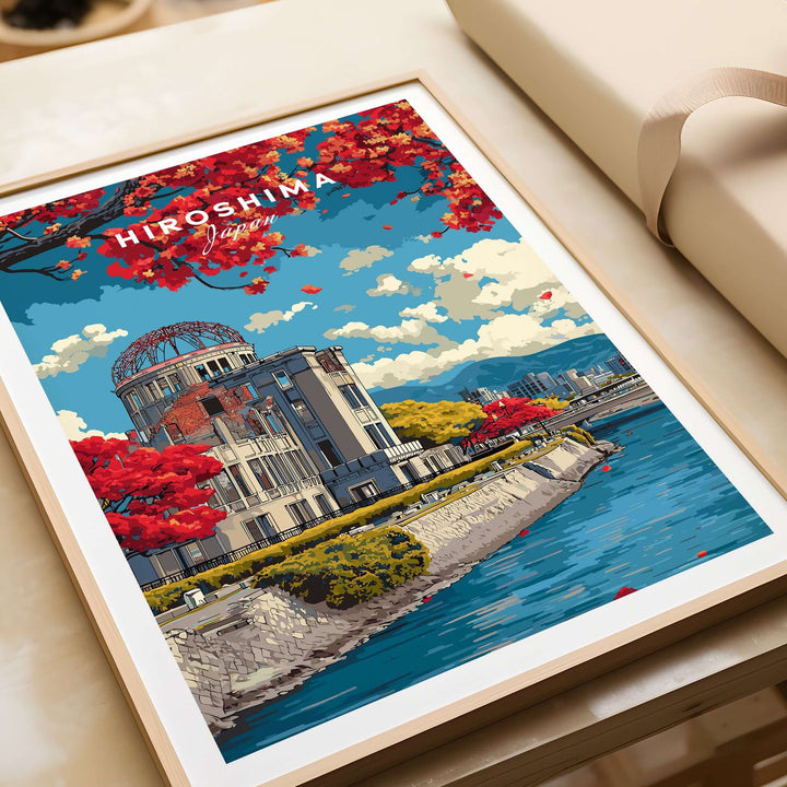 Colorful Hiroshima Japan print wall art featuring iconic landmarks and cherry blossoms, perfect for home décor.